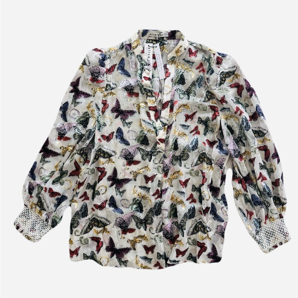 NWOT Women's Alice & Olivia Silk Butterfly Print Blouse Sheer Work Size Medium - Picture 4 of 9